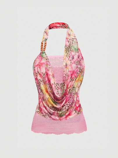 J-Fashion Top corto a costine, a incrocio, con stampa floreale in stile Hawaii vacanziero Y2K, 2 in 1