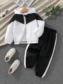SHEIN Young Girl Colorblock Zip Up Hooded Jacket & Pants Girls Tracksuit Set