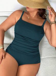 Swim Lushoire Traje de baño de talla grande tipo tankini con escote cuadrado básico - Verde Oscuro - Ver 4