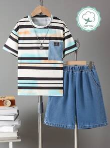 2pcs/Set Tween Boys Casual Stripe T-Shirt & Denim Bermuda Shorts Set For Summer - Medium Wash - View 3