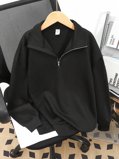 SHEIN 少女休闲基础款半拉链高领卫衣，浅灰色/黑色拉链卫衣，立领卫衣，秋冬季