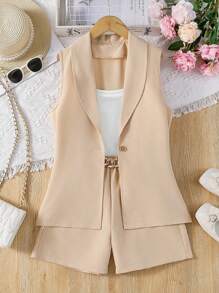3 pièces/set Chemise sans manches à col rond pour préadolescentes, débardeur élégant à bretelles fines et shorts mode d'extérieur, été