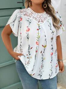 SHEIN CURVE+ Plus Size Women Holiday Lace Floral Print Petal Short Sleeve Shirt Summer/Country/Beach Vacation/Beach Wear Tops Summer White Blouses Boho For - Multicolor - View 3
