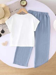 SHEIN 女宝宝两件套休闲插肩圆领卡通图案T恤和裤子套装 - 藍色 - 查看 5