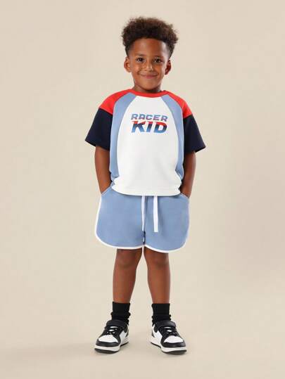 SUMWON Racer Kid 男童拼色T恤短裤夏季套装玩耍服