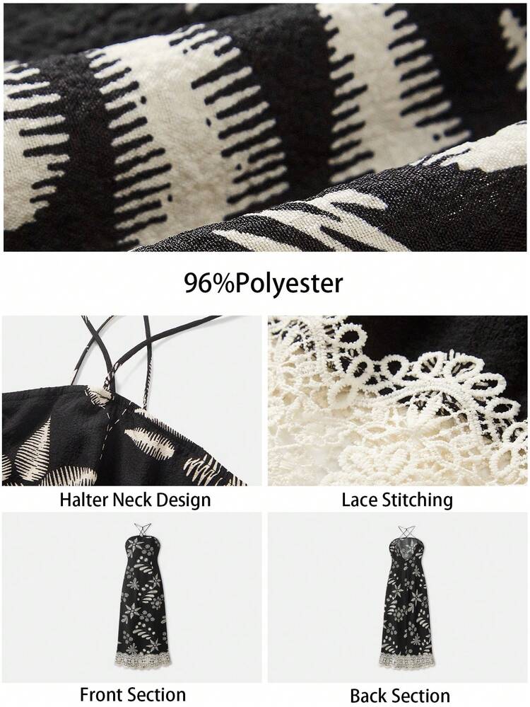 SHEIN Maija Women's Black & White Color Block Floral Lace Patchwork Summer Dress, Versatile Casual Vacation Stylish Comfort-Fit Sleeveless Backless Cross Strap Decor Country Style Resort Elegant Maxi Dress For Ladies All-Match Summer Clothing For All Seasons, Modern Holiday Fashion Design, Comfortable Beach Beach Clothing, Bohemian Style, Isabi Island Holiday Wear, Summer Dopamine Holiday Wear, Ins Same Style Holiday Style, Exotic Atmosphere, Country Concert, Western Style Clothing