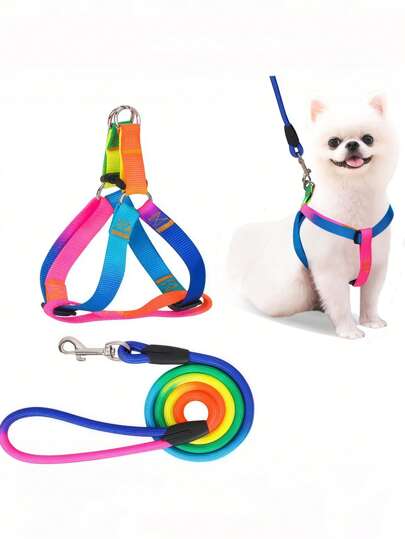 Dog Pet Leash Cat Leash With Colorful Pet Chest Strap Round Rainbow Cat Leash Dog Chain