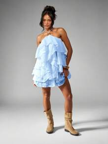 MISSGUIDED Vestido mini con volantes en capas, cuello halter, para fiesta de noche, graduación, primavera, verano, espalda descubierta, formal, invitado de boda - Azul - Ver 3