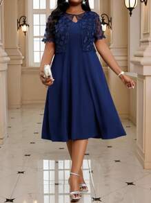 SHEIN Lady Spring And Summer Woven Navy Blue Chiffon Round Neck Waist A-Line Dress With Mesh Embroidery Short Plus Size Jacket Plus Size Two Pieces Set Summer Outfits For Women Summer Dresses For Women Vacation Outfits Woman Beach Outfits For Woman Wedding Guest Dress Women Birthday Dresses For Women Cheetah Print Business Casual Woman Birthday Outfits For Women 4th Of July Women - Navy Blue - View 7