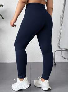 SHEIN EZwear 大码女式纯色高腰休闲百搭紧身裤 - 藏蓝色 - 查看 4