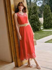 MOTF STUDIO LINEN EMBROIDERY V-NECK ZIPPER BACK SLEEVELESS DRESS WITHOUT BELT