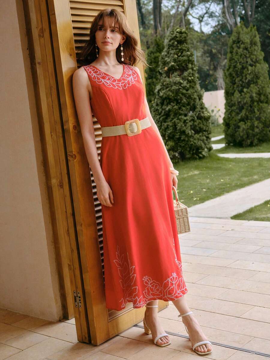 MOTF STUDIO LINEN EMBROIDERY V-NECK ZIPPER BACK SLEEVELESS DRESS WITHOUT BELT