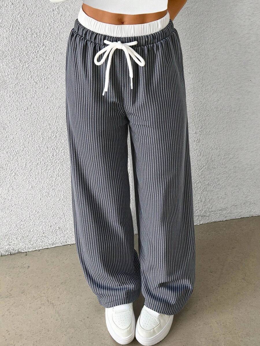 SHEIN Tween Girls' Loose Casual Contrast Striped Waistband Wide Leg Pants, Comfortable Mid-Rise - Black - View 1