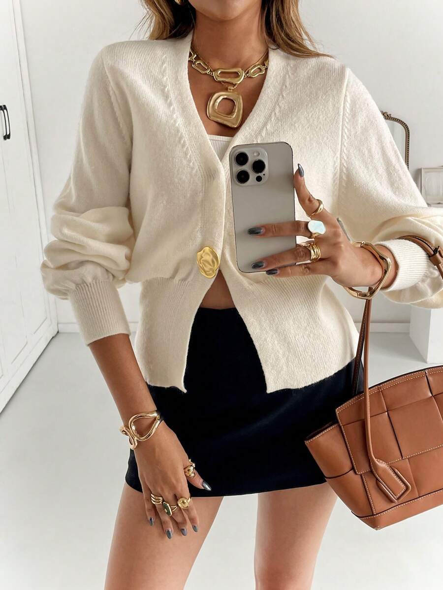 Siren Gaze Cárdigan de mujer de manga larga de unicolor y versátil, suéter crema, para oficina, estilo de negocios casuales, suéter casual de oficina, estilo francés, para invierno, suéter de invierno, cárdigan de suéter con botones metálicos, cárdigan de suéter con cuello en V que ciñe la cintura, suéteres de otoño, para oficina, cárdigan con botones, suéter de manga larga cálido, para ir y venir, minimalista, oficina, dinero viejo, simple - Albaricoque - Ver 1