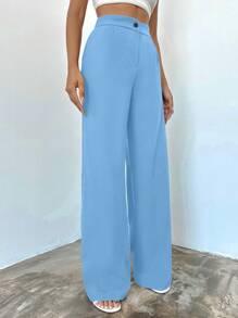 EURMUSE High Waisted Solid Color Trousers With Slanted Pockets - Dusty Blue - View 4