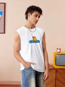 GARFIELD | SHEIN 男士开学季宽松宽肩卡通图案百搭白色背心 - 白色 - 查看 2