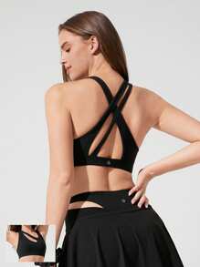 GLOWMODE FeatherFit™ Sweat Break Buttery Soft Stretchy Sweat Wicking Double Straps Crossover Back Asymmetrical Sports Bra Yoga Pilates - Black - View 1