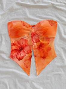 Soleia Casual Resort Style Orange Tie-Dye Tropical Hibiscus Floral Print Sexy Women's Asymmetric Hem Strapless Top, Suitable For Summer Beach Vacation,Tube Top - Multicolor - View 3