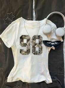 Camiseta de manga corta de cuello redondo informal con estampado numérico, ajustada para niñas, de verano