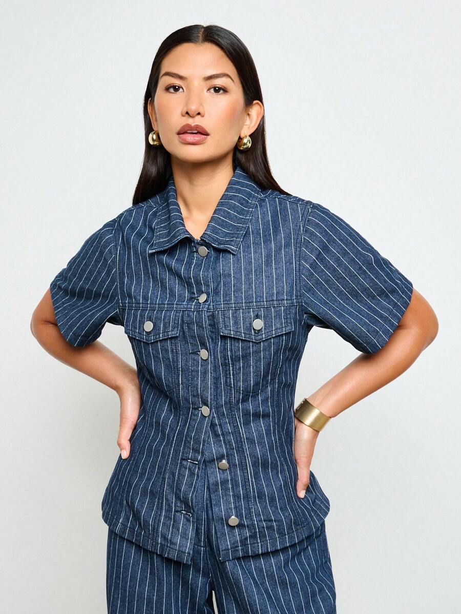 AiiRZ Áo khoác denim kẻ sọc Trucker tay ngắn cài nút thời trang công sở mùa hè xuân cổ điển áo khoác ngoài - Màu xanh lam - Xem 1