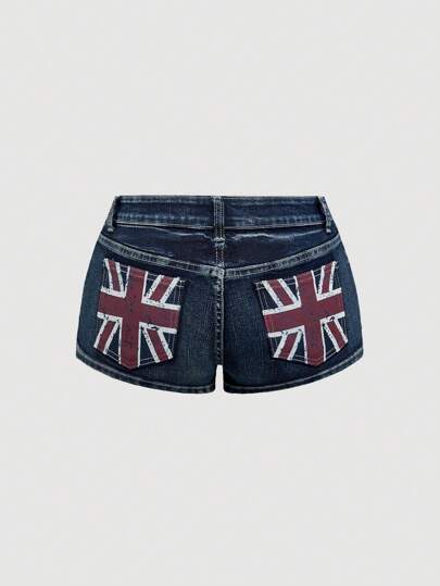 Grunge Punk Pantaloncini di jeans a vita ultra bassa con lavaggio retrò, tasche e stampa della bandiera britannica, stile Y2K