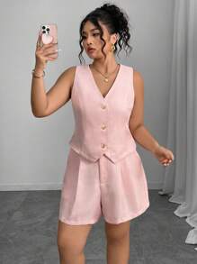 Elenzga 2pcs Women Plus Size Fashion Woven Summer Pink Sophisticated Lady Suit Vest And Shorts Set - Pink - View 3
