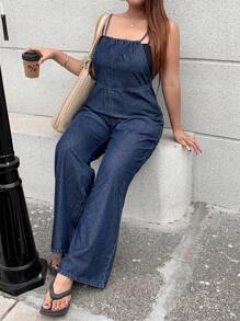 Dazy Plus Plus Size Casual Distressed Loose Denim Bib Overall Jumpsuit For Women, All Season,Back To School Clothes - Dark Wash - View 6