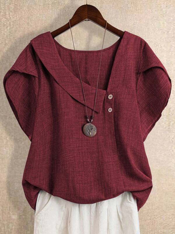 Linhara Plus Size Women Plus Size Casual Oblique Shoulder Short Sleeve Blouse