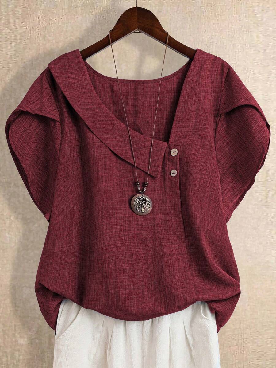 Linhara 大码女装大码休闲斜肩短袖衬衫