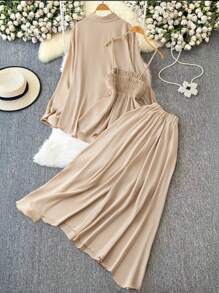 DreamSkyne 大码女式三件套：休闲纯色长袖衬衫、合身荷叶边吊带上衣和简约 A 字裙 - 杏色 - 查看 2