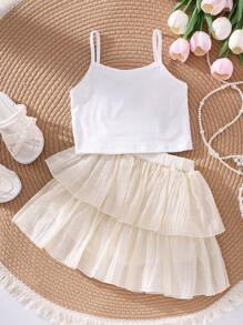 Young Girl 3D Floral Print Top And Solid Color Cake Skirt Shorts Summer Cute Sweet Outfit - White - View 2