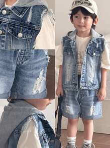 SHEIN Young BoyFashion 户外街头休闲牛仔套装：针织帽、拼布背心、破洞牛仔背心、破洞牛仔裤 - 中等水洗藍 - 查看 1