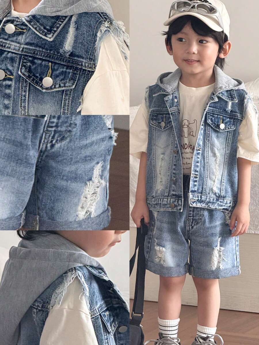 SHEIN Young BoyFashion 户外街头休闲牛仔套装:针织帽、拼布背心、破洞牛仔背心、破洞牛仔裤 - 中等水洗藍 - 查看 1