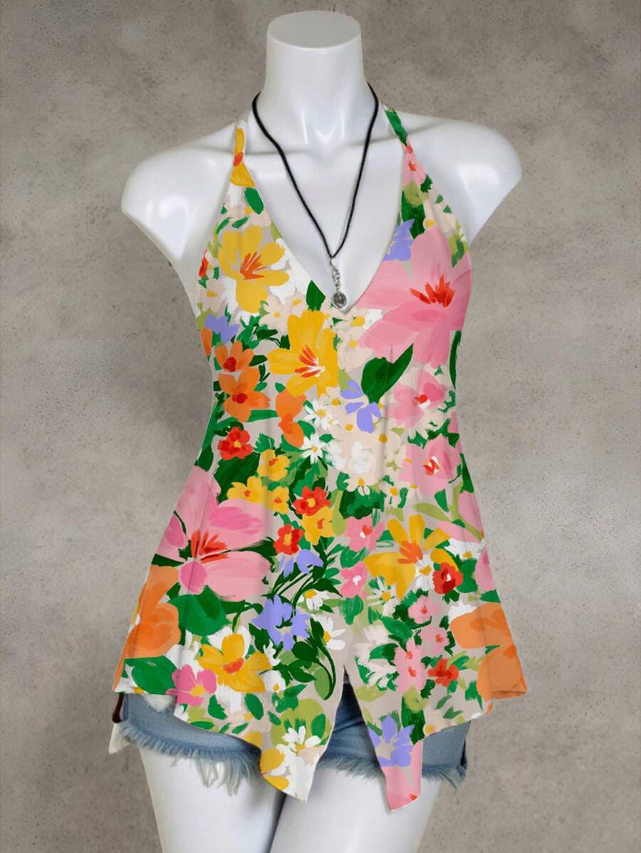 Shutterstock Women's Colorful Floral Print V-Neck Halter Beach Tank Top For Summer