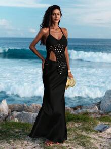 Opulessa 女士夏季亮片镂空露背无袖针织短款上衣，海滩度假风格 - 黑色 - 查看 7