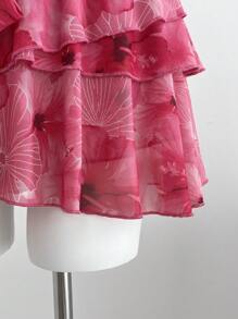 Elamini Spring/Summer Boho Tropical Floral Layered Ruffle Trim Low Waist Mini Skirt - Pink - View 3