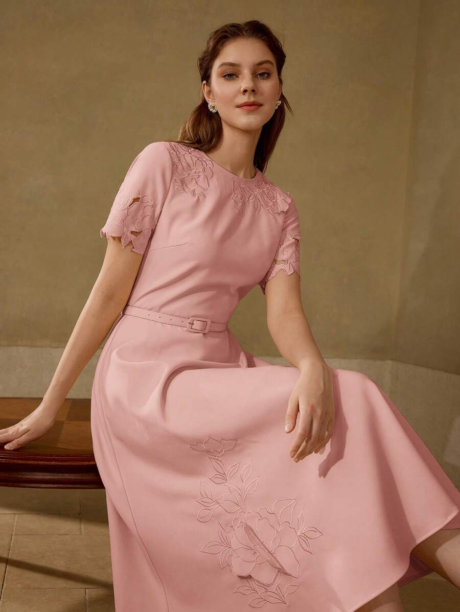 MOTF PREMIUM EMBROIDERY FLORAL PATTERN BUCKLE BELTED DRESS - Pink - View 1