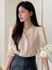 DAZY 女式半透明领口七分袖褶皱衬衫