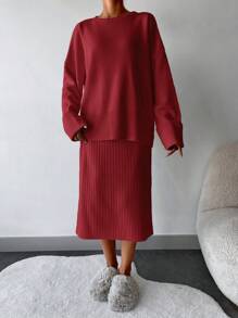 EURMUSE Chất rắn Thả vai Áo len & Váy - Màu Đỏ Sâu - Xem 4