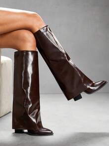 CUCCOO SZL Botas altas por la rodilla con tacón grueso y puntera fina para mujer, botas estilo montar sexy para señoras - Café integral - Ver 8
