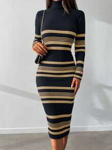 EURMUSE Striped Pattern Turtleneck Sweater Dress - Multicolor - View 4