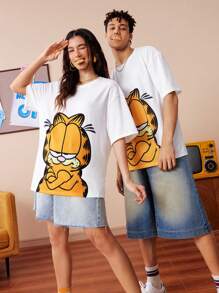 GARFIELD | SHEIN 情侣趣味卡通猫咪印花T恤，适合男朋友约会，白色，夏季 - 白色 - 查看 5