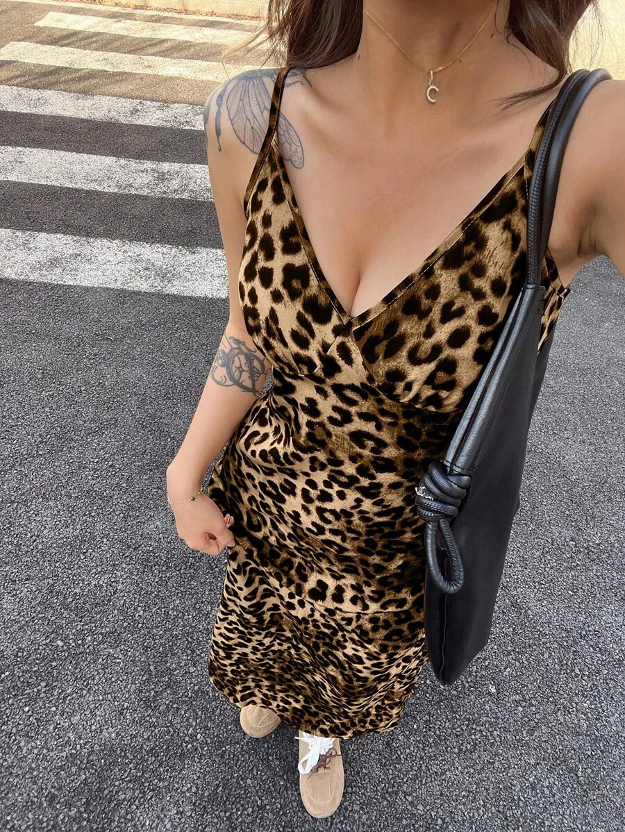 INAWLY 女士夏季豹纹无袖长裙 - 棕色 - 查看 1