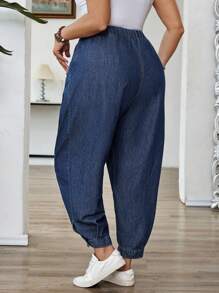 EMERY ROSE Quần Jeans Denim Không Co Giãn Cỡ Lớn Cho Nữ, Quần Denim Nhẹ Thường Ngày Có Cạp Thun, Thiết Kế Viền Hở, Quần Jeans Đèn Lồng Denim Dáng Rộng Cho Mùa Hè - Màu xanh lam - Xem 2