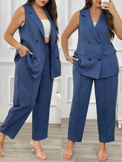 SHEIN Privé Plus Size Elegant Office Work Minimalist Double-Breasted Blue Vest Blazer & Trousers 2Pcs Suit Set In Fall/Winter
