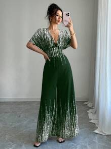 Rafferiza 女士时尚V领蝙蝠袖金色印花连体裤 - 綠色 - 查看 1