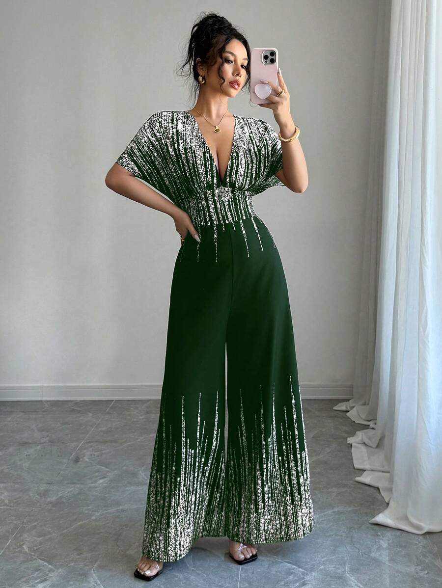 Rafferiza 女士时尚V领蝙蝠袖金色印花连体裤 - 綠色 - 查看 1