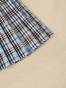 SHEIN 2pcs Girls Back-To-School Outfit Set,Blue And White Plaid Waisted Skirt&Collared Short Sleeve Logo Top,Summer Casual School Sports Wear - White - View 7
