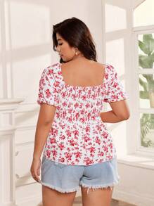SHEIN Clasi Camisa casual y elegante de talla grande para mujer con cuello cuadrado, mangas abullonadas, cintura y volantes en el bajo con estampado floral - Multicolor - Ver 2