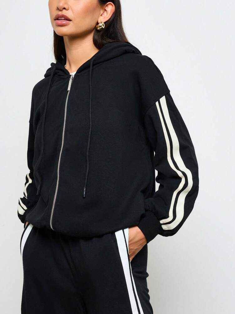 AiiRZ Side Stripe Zip Up Hooded Sweatshirt Winter Fall Essential Lounge Wear Drawstring Cozy Streetwear Everyday Casual Layering Top Graduation,Back To School Outfits,Graduation,Teacher Outfits For Women,Back To School